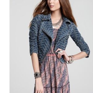 Free People Punched Denim Jeans Moto Jacket
Herringbone Blue Jean Military